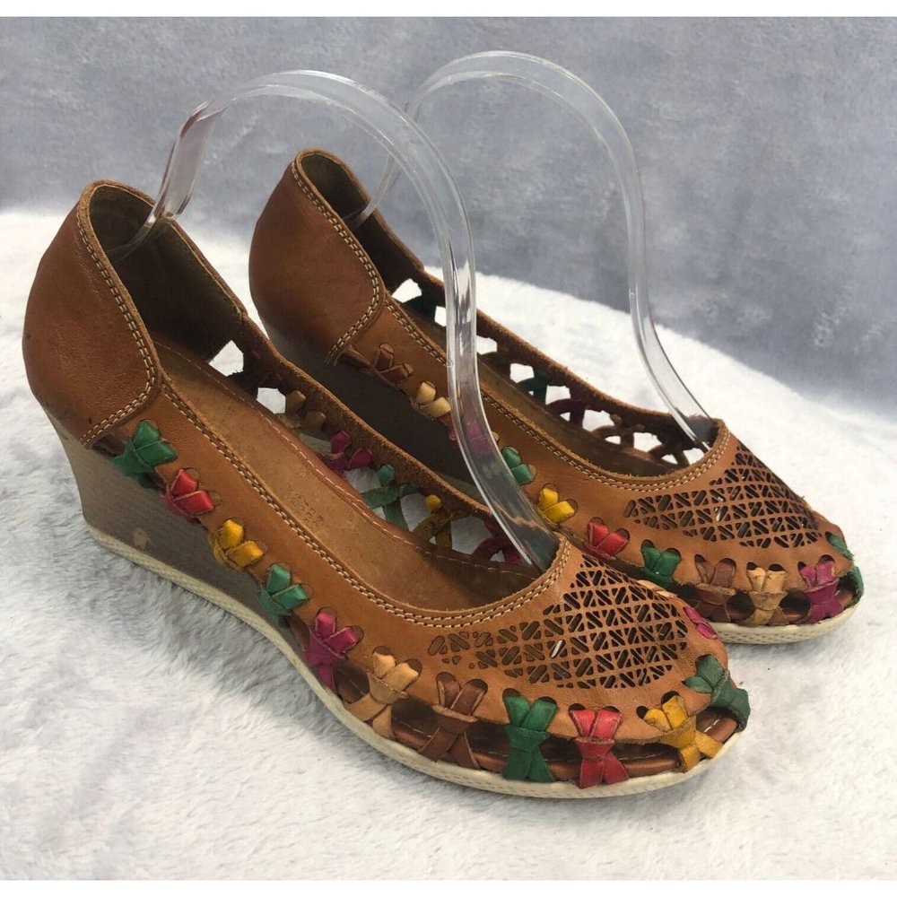 Womens Authentic Mexican Huarache Wedge Sandal Leather Slip On Rainbow